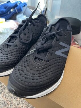 New Balance Black and White Knit Athletic Sneakers